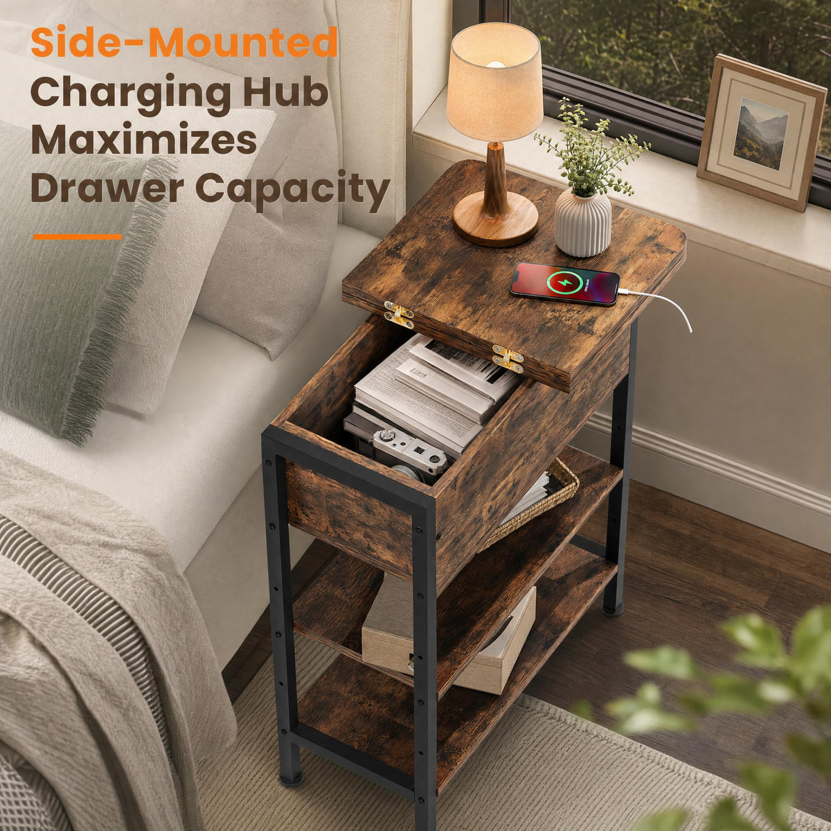 Brown Flip Top End Table with Charging Station and 3 Tier Storage D9529
