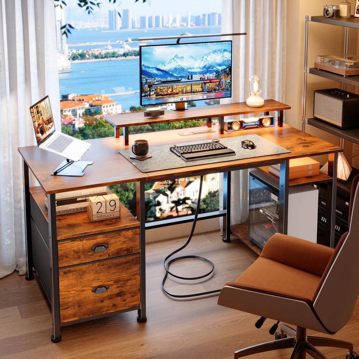 51" Computer Desk with Outlets & LED, Brown N19902