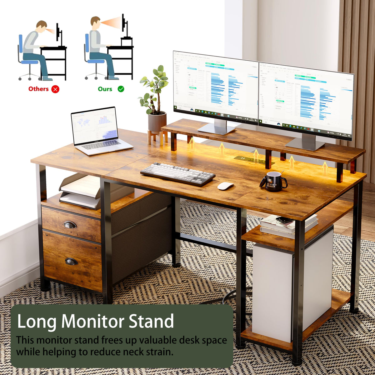 51" Computer Desk with Outlets & LED, Brown N19902