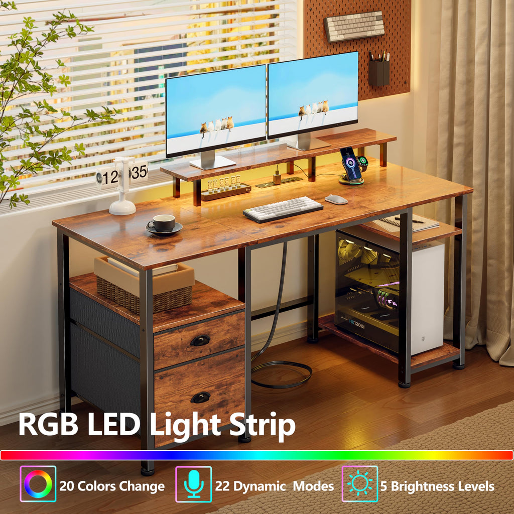 51" Computer Desk with Outlets & LED, Brown N19902