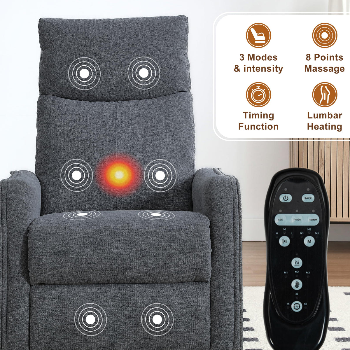 Dark Gray Swivel Rocker Recliner Chair with Vibration Massage and Heat D700378